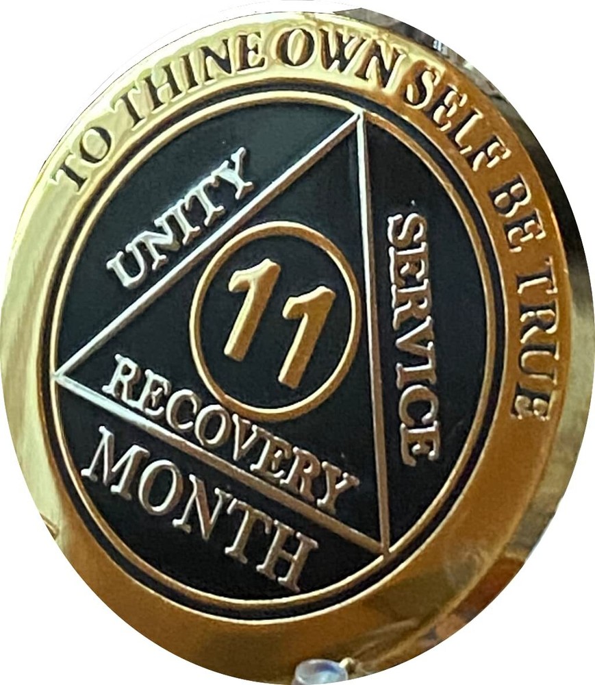 11 Month AA Medallion Elegant Black Gold Silver Plated Sobriety Recovery Chip