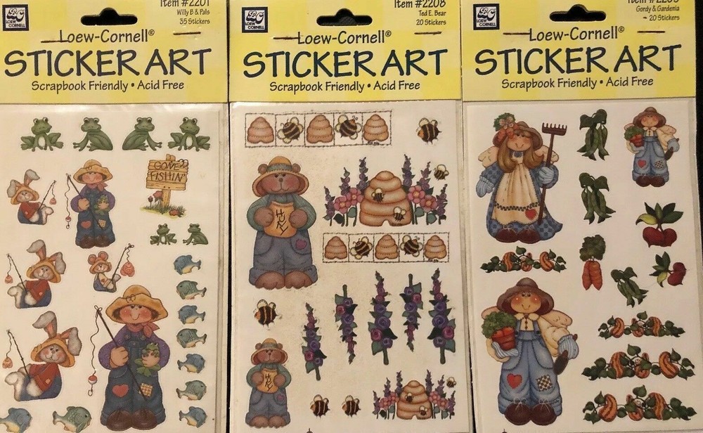 Lot of 3 Loew-Cornell Sticker Art: Willy B, Gordy & Gardenia, Ted E. Bear