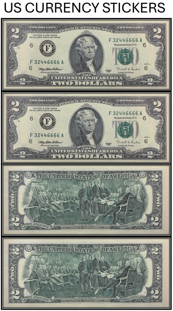 $2 Two Dollar 1995 Federal Reserve Note (US CURRENCY STICKERS) (Lot Of 2)
