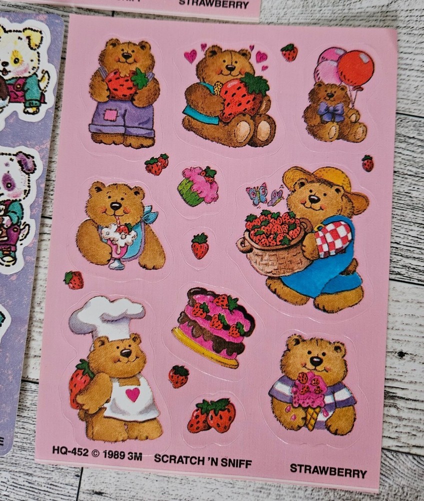 Vtg Scratch & Sniff Stickers Sheet Lot Strawberry Bears Chocolate Dog Sticker