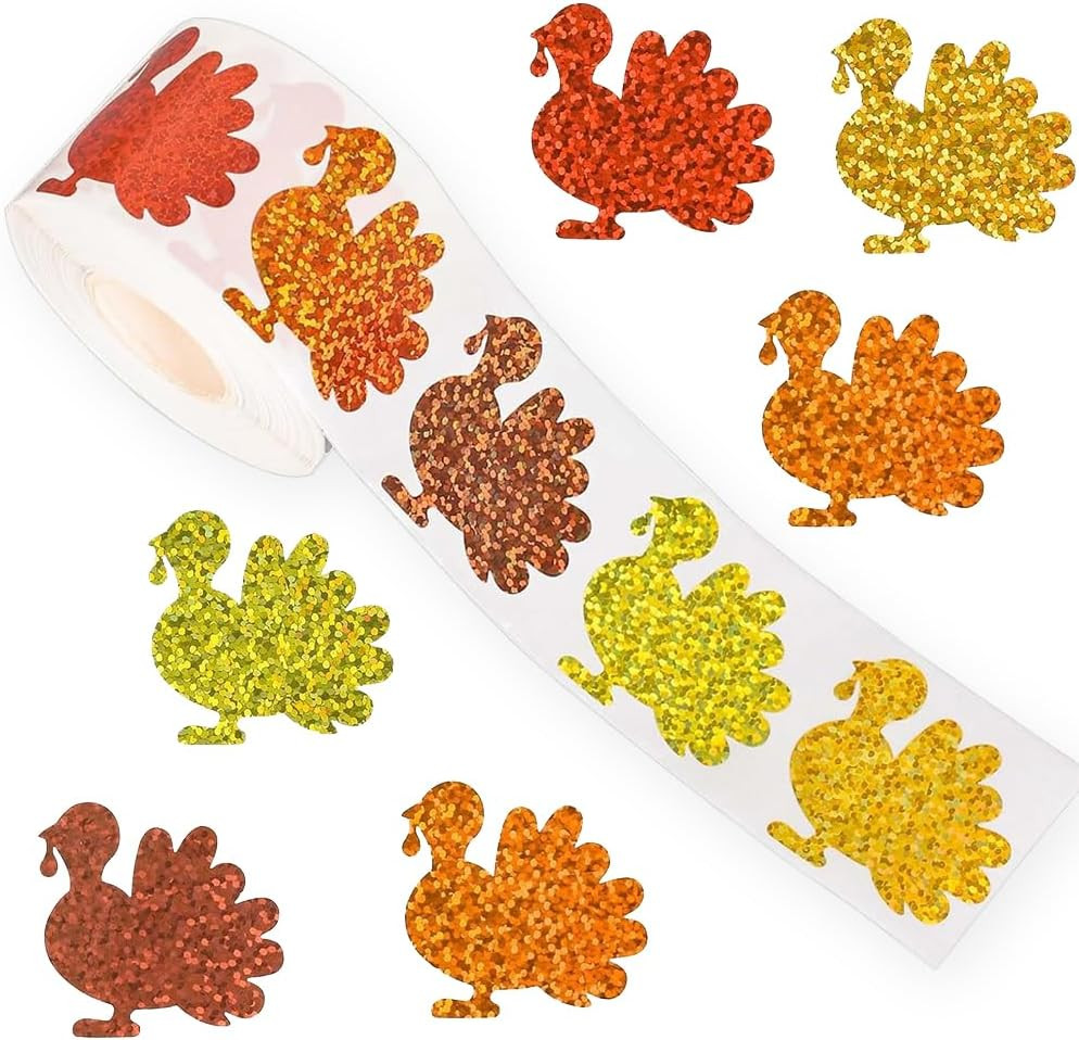 500Pcs Fall Thanksgiving Stickers Roll 1.2In Laser Turkey Waterproof Decals 5 Co