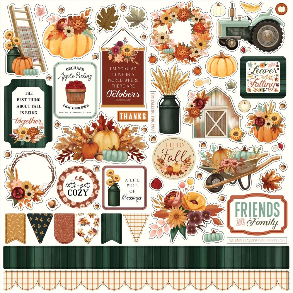 New! (1) 12×12 Sheet Carta Bella Paper HARVEST Fall Scrapbook Element Stickers