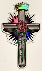 Mr Cartoon Cross Sticker Crown Rose w/ Thorns Iridescent Vending Decal Religious