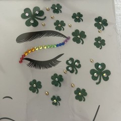Claire’s Face Stickers St. Patricks sheet of glittery shamrocks and a rainbow.