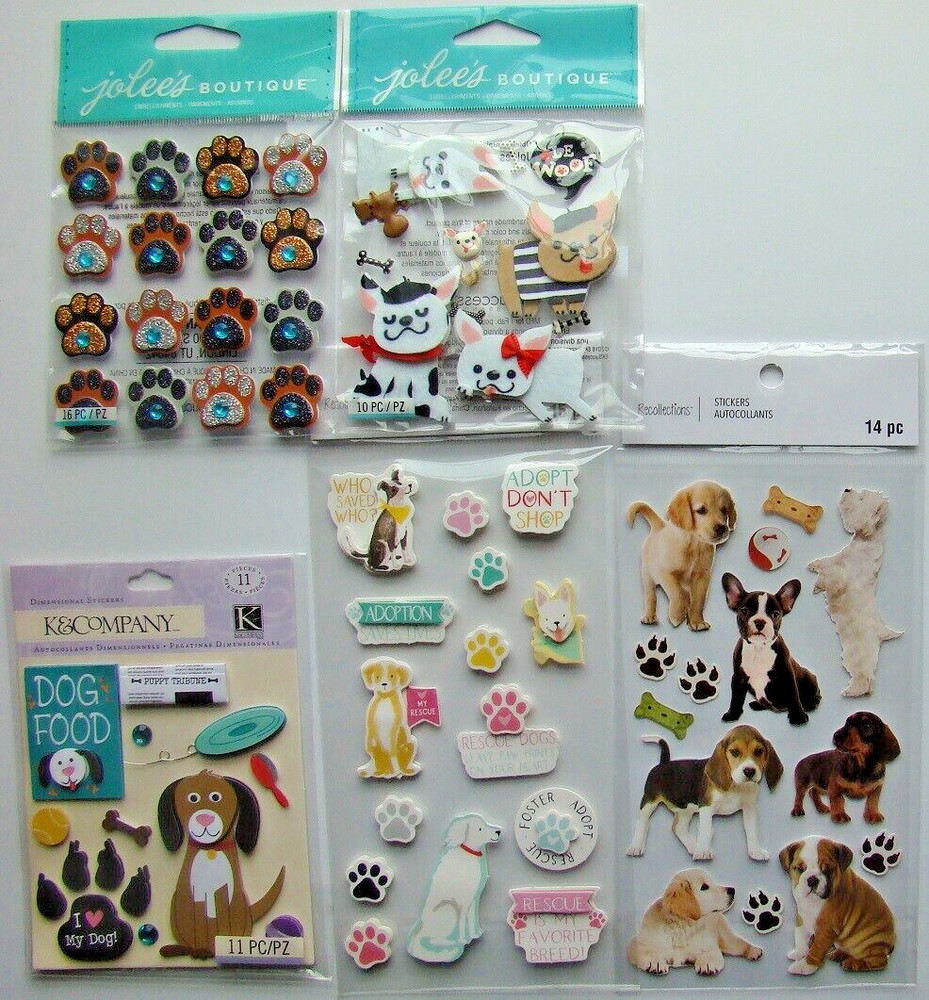 LOT OF 5 DOG Stickers NEW! Jolee’s K&Company Recollections puppy paw print bone