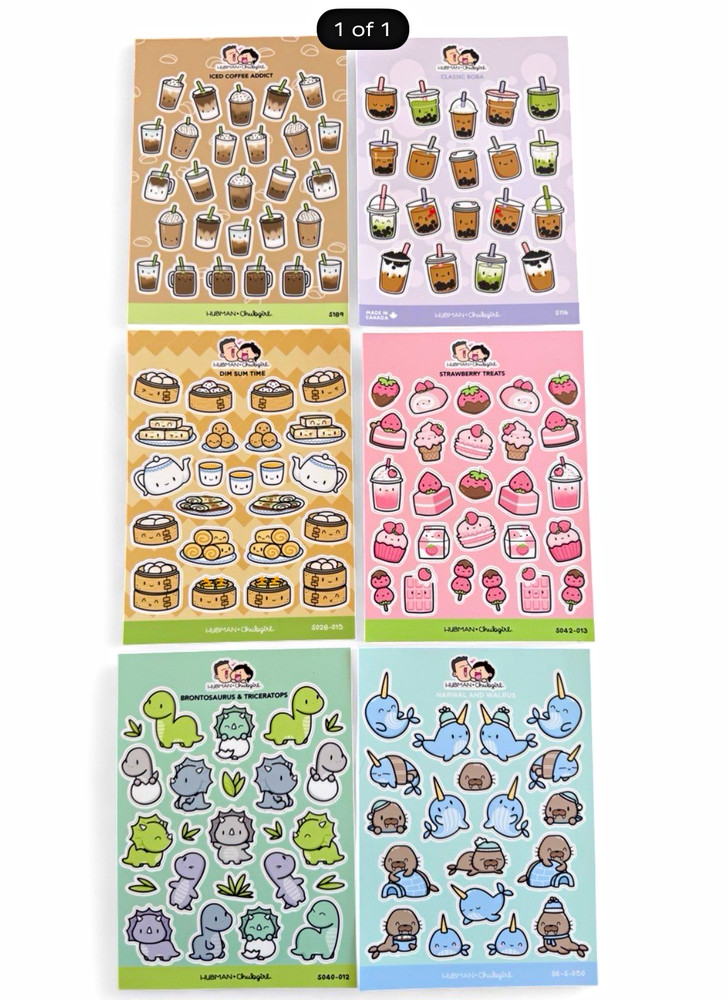 Hubman and Chubgirl 6 Sticker Sheets Coffee Boba Dim Sum Narwhal Dino