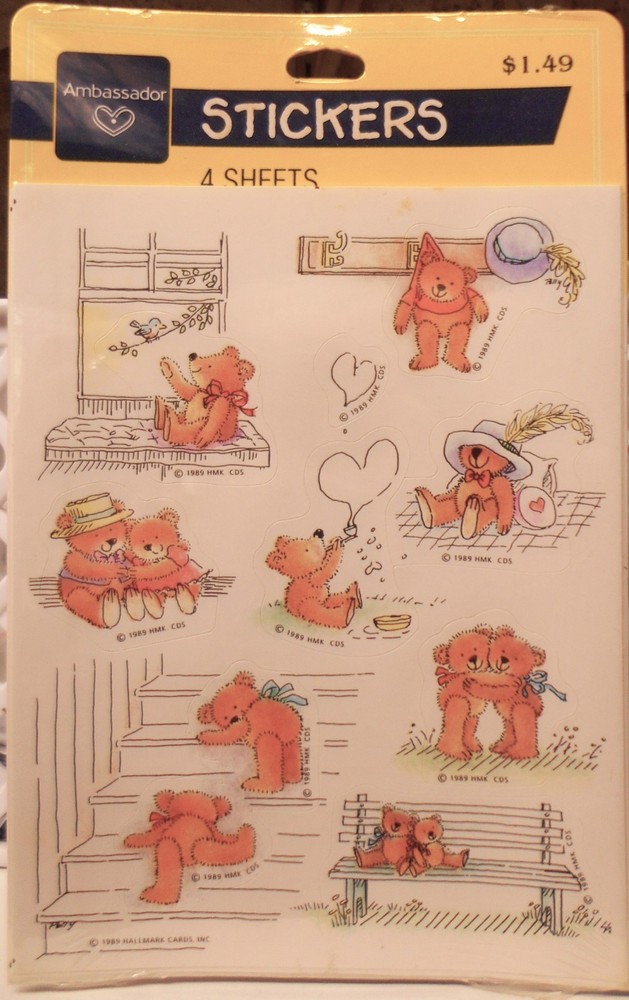 NOS 1989 Ambassador Hallmark Stickers SEALED Friendship Teddy Bears 4 Sheets/Pk
