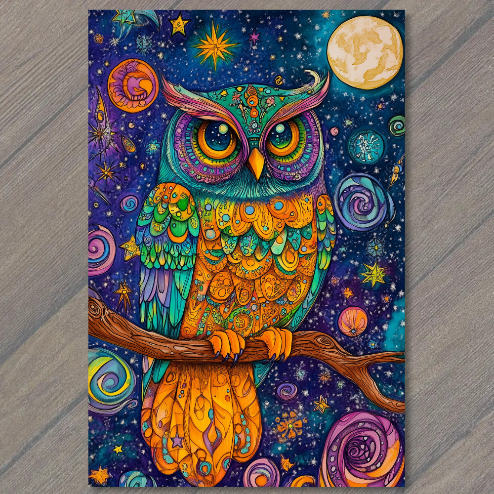 STICKER Psychedelic Owl Stars Galaxies Cosmic Tree Branch Moon Night Sky Tripp