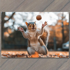 STICKER Squirrel Tossing Nut Fun Autumn Leaves Background Whimsical Fall Char