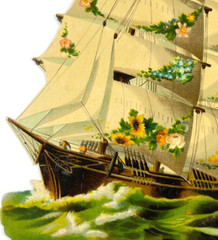 Vintage Sail Ship at Sea Beautiful Huge Die Cut Homeward Bound US Flag 11×8.75″