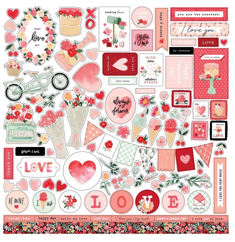 New! (1) 12×12 Sheet Carta Bella Paper MY VALENTINE Scrapbook Element Stickers