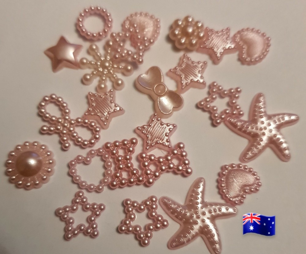 50PCS Of Pink ABS Resin Half Round Flower, Bow Alien Pearls For Art Flatback #23