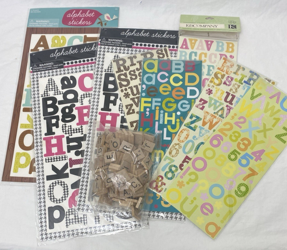 9 Sets Lot Vintage Alphabet Numbers Stickers 1″ & 1.5″ Scrabble Wood Letters