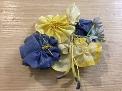 2 Vintage Ribbonwork Flowers Yellow, Blue & Green Silk Satin Stamens