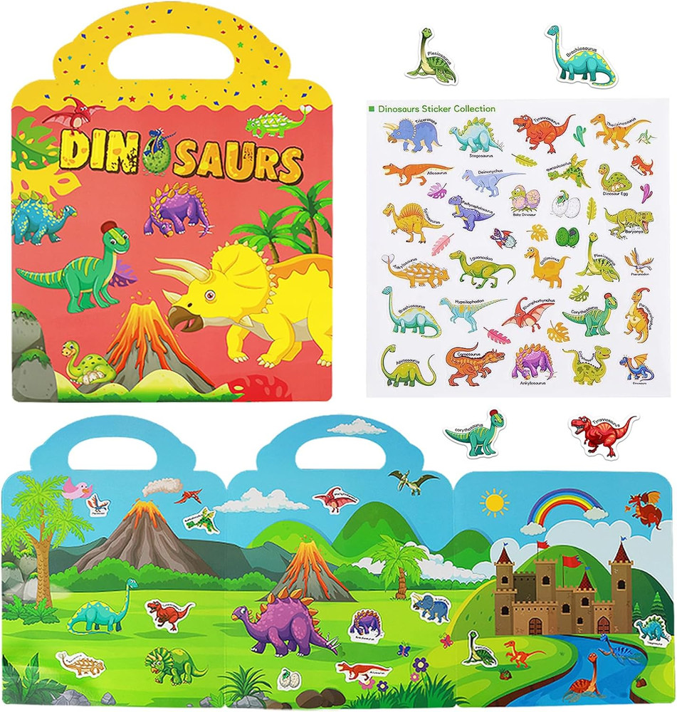 Reusable Dinosaur Sticker Book for Kids, Travel Size, Ages 3-5