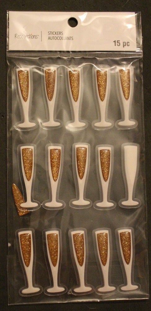 New Recollections Scrapbooking Stickers CHAMPAGNE GLASSES gold glitter 15 pieces