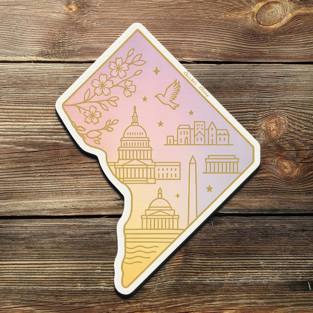 Radiant Washington DC Sticker – Gold Foil Capitol Vinyl Decal with Cherry Trees
