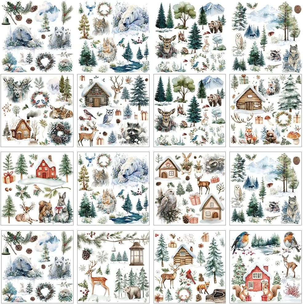 12 Sheets Winter Rub on Transfers for Crafts, Watercolor Forest Animal Rub on Tr