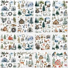 12 Sheets Winter Rub on Transfers for Crafts, Watercolor Forest Animal Rub on Tr