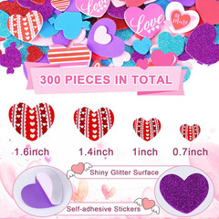 300 Pcs Valentine’s Day Heart Foam Stickers Glitter Self-Adhesive Colorful Mixed