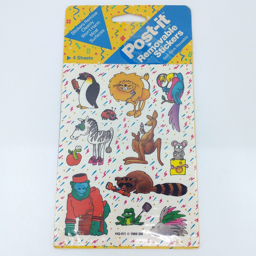 Vintage Post-It Removable Stickers Zoo Wild Animals 4 Sheets 1989 Gorilla Lion