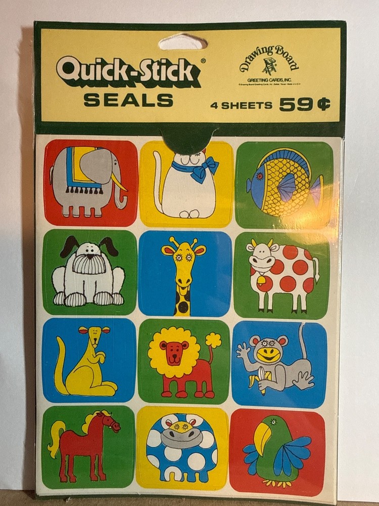 Vintage Drawing Board Quick-Stick Seals Animal Stickers Sealed 4 Sheets Elephant