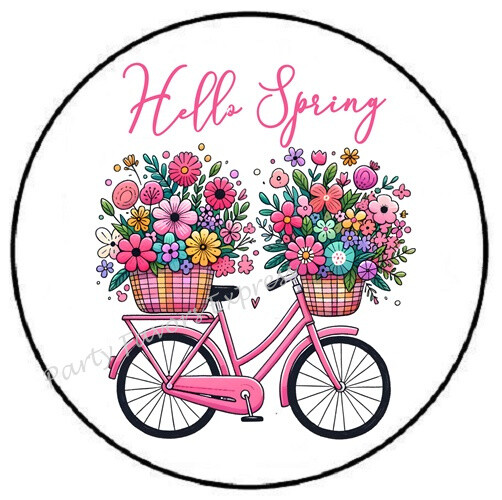 HELLO SPRING BICYCLE WITH FLOWERS ENVELOPE SEALS LABELS STICKERS PARTY FAVORS