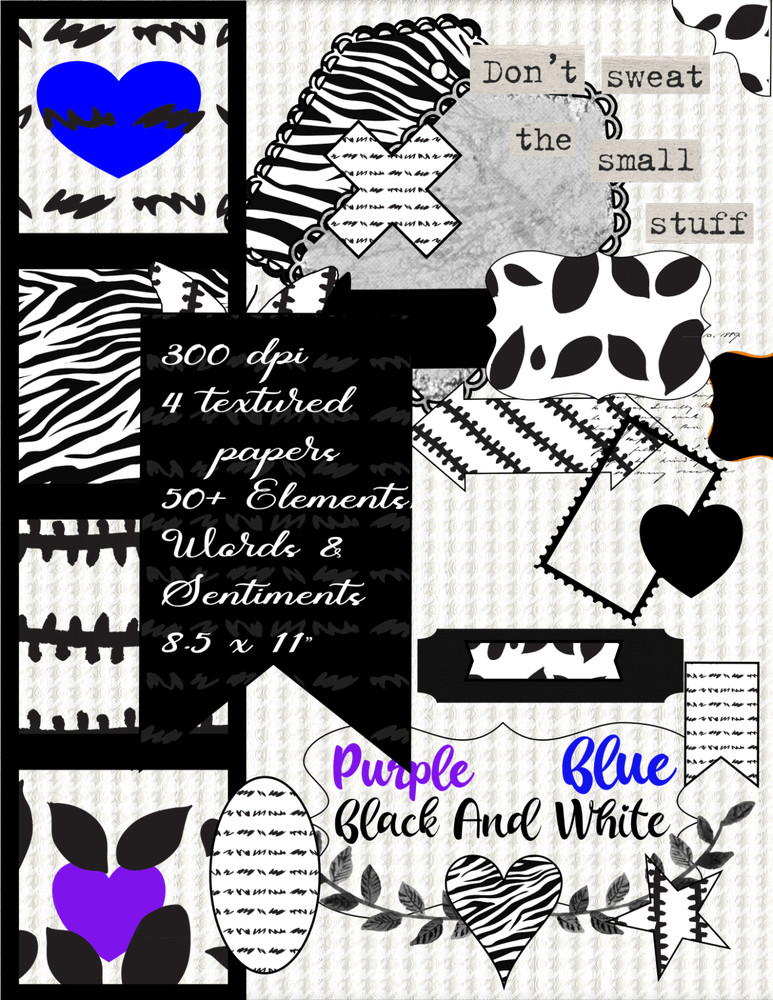 Printable files black white blue purple junk journal ephemera sentiments