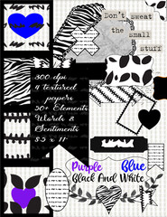 Printable files black white blue purple junk journal ephemera sentiments