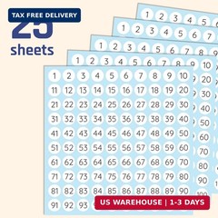25 Sheets, 1 to 100, Number Stickers Labels – 0.4″ Round, Pack of 2500