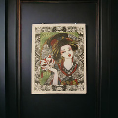 Japanese Woman Geisha Kitsune Mask Black White Green Red Sticker