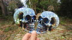 Pack of 2 – 4″ HOLOGRAPHIC Facing SKULLS Stickers BIG 4 inch skull STICKERS