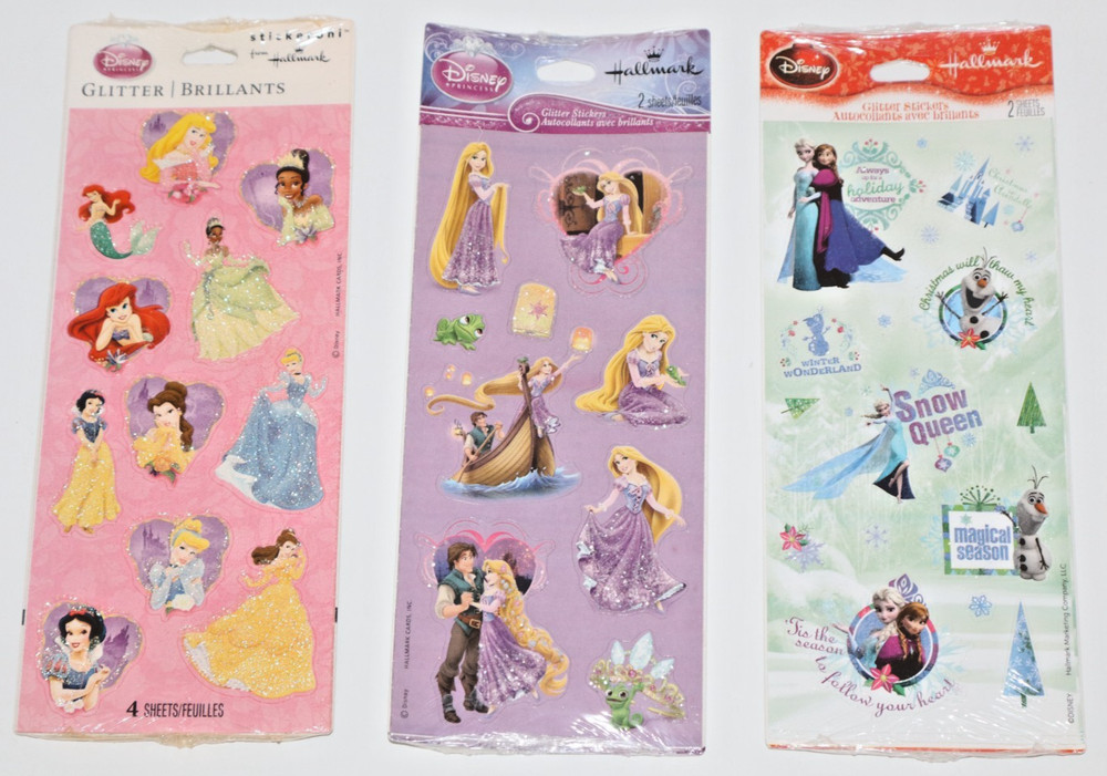 Hallmark Stickeroni Disney GLITTER Stickers Frozen, Tangled, & Princess Lot