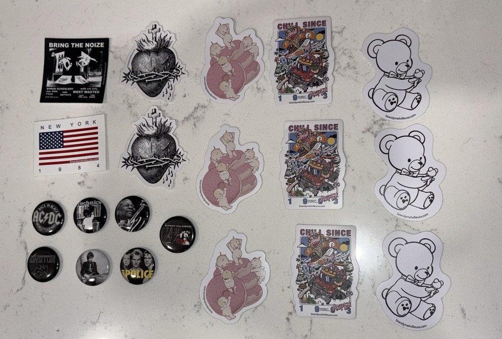 Brandy Melville Band/Other Pins and Stickers, 7 pins, 13 stickers
