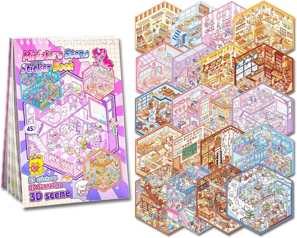 20 Sets 3D Sticker Scenes for Kids, Create Your Own Scene Sticker Book, Cute Kaw