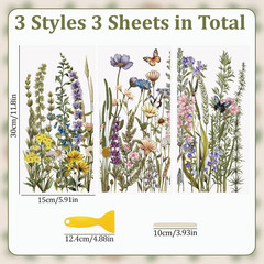 3 Sheets Rub on Transfer Stickers, Wild Flowers and Plants Pattern