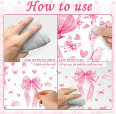 Large Pink Bow Wall Decals – 6 Sheets 64 Pcs Bow Knot Wall Stickers Heart Bow Pe