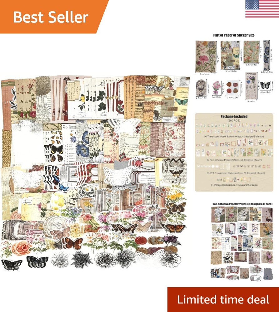 Elegant 260PCS Scrapbooking Kit: Vintage Floral & Butterfly Designs for Journals