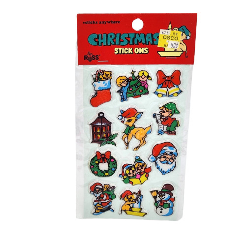 VINTAGE RUSS CHRISTMAS STICK ONS PUFFY STICKERS NOS SEALED IN PACKAGE SANTA BELL
