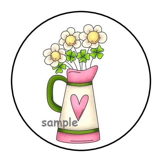 30 COUNTRY FLOWERS IN VASE ENVELOPE SEALS LABELS STICKERS 1.5″ ROUND HEART GIFTS
