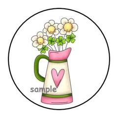 30 COUNTRY FLOWERS IN VASE ENVELOPE SEALS LABELS STICKERS 1.5″ ROUND HEART GIFTS