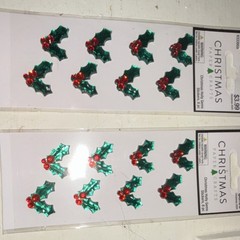 Christmas Paper Crafts Holly Gems Rhinestone Stickers Green/Red 8pc 633959