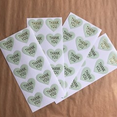 50 Heart Thank You Stickers On Glossy Mint Paper With Gold Lettering