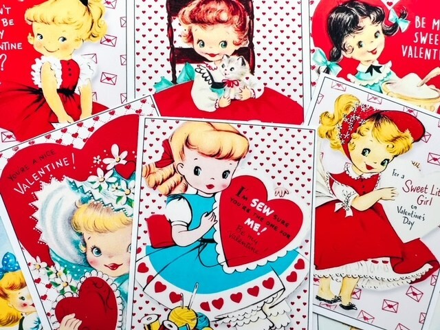Set of 9 Retro Vintage Valentine’s Day Little Girls STICKERS – Just Cut & Use!