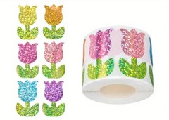 500 pcs Sticker Seals Roll Glitter Foil Floral Tulips Design Self Adhesive NEW