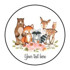 30 1.5″ PERSONALIZED WOODLAND ANIMAL BABY SHOWER FAVOR LABELS ROUND STICKERS
