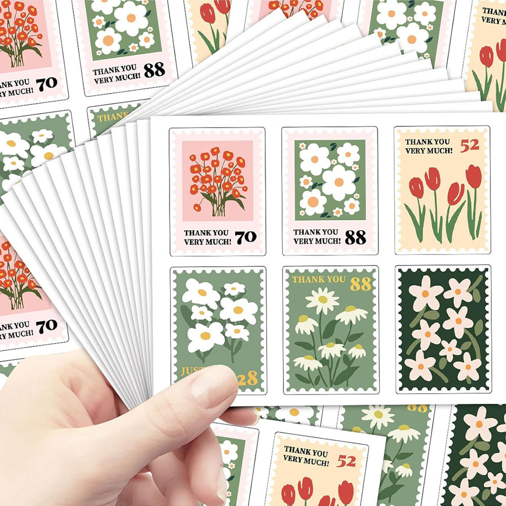 Flower Stamp Stickers,600Pcs Flower Thank You Baby Shower Stickers Waterproof La