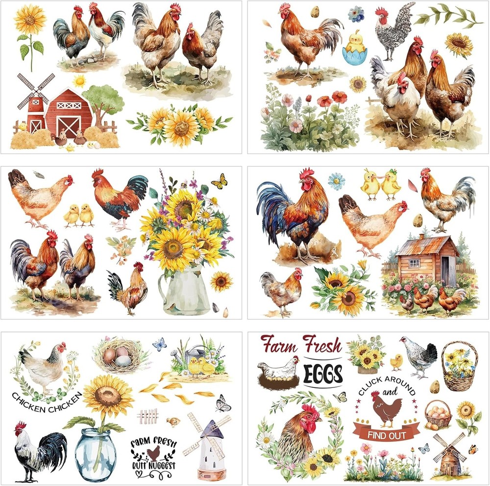 Chicken Rub on Transfers for Crafts – 6 Sheets Farm 11.8×7.9 Inch,