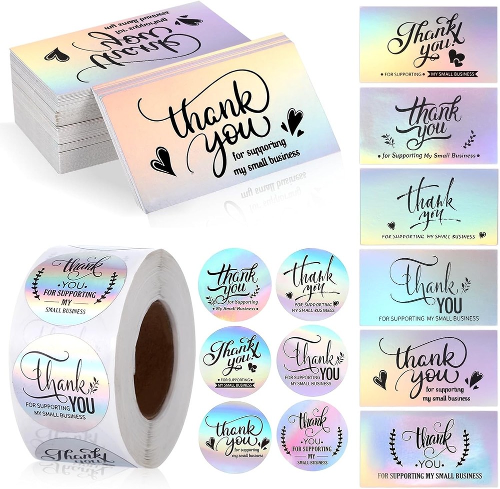 1120Pcs Thank You Stickers and Cards Set for Supporting My Small Holographic