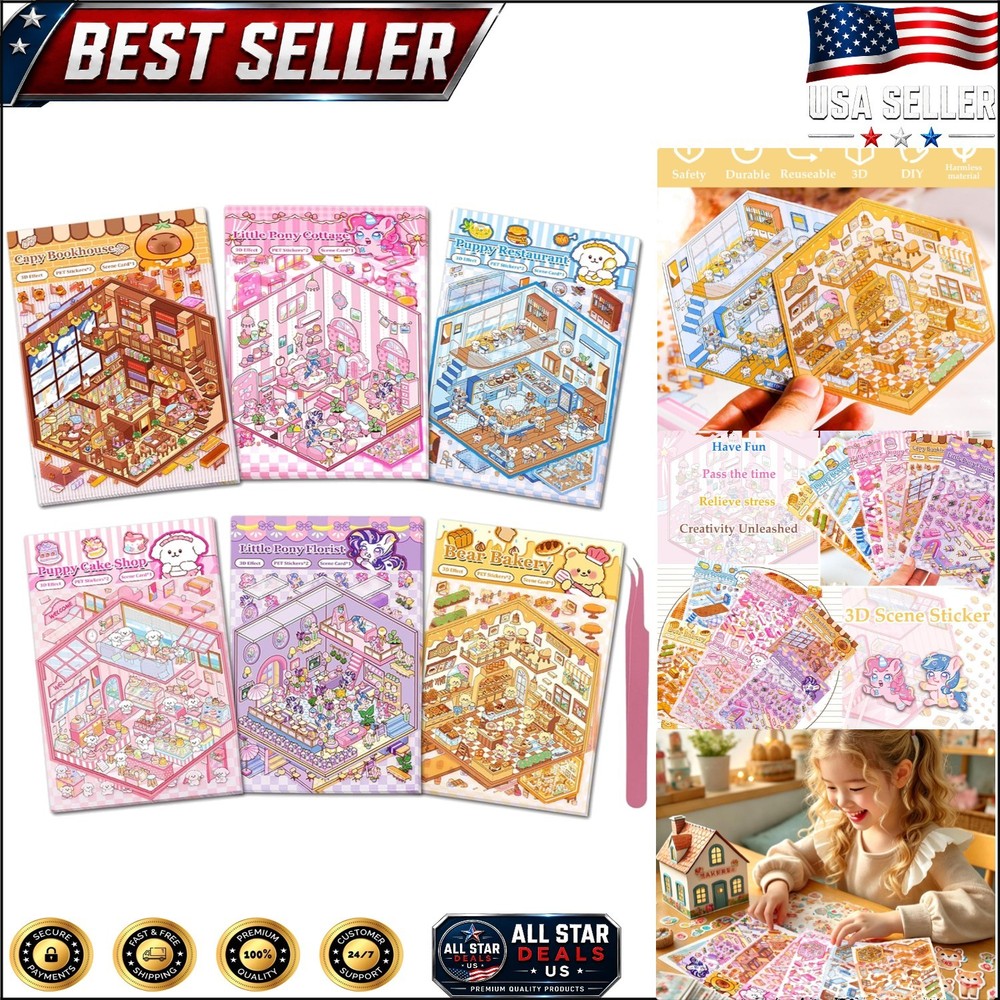 DIY 3D Kawaii Stickers – 6 Sets for Creative Mini Room Scenes & Stress Relief